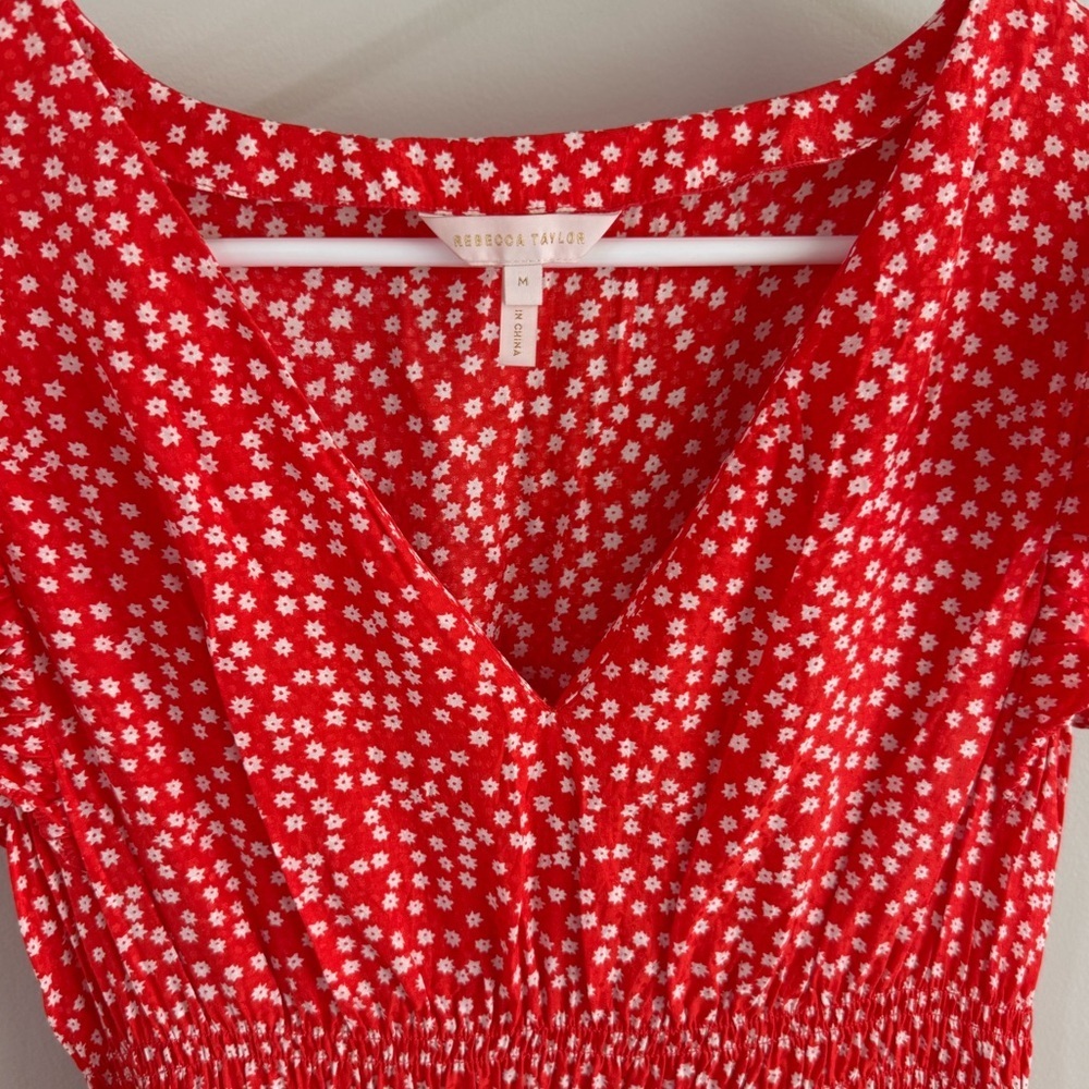 Rebecca Taylor Silk Blend Red Ditsy Floral Smocked Waist Mini Dress - Medium - Picture 2 of 8